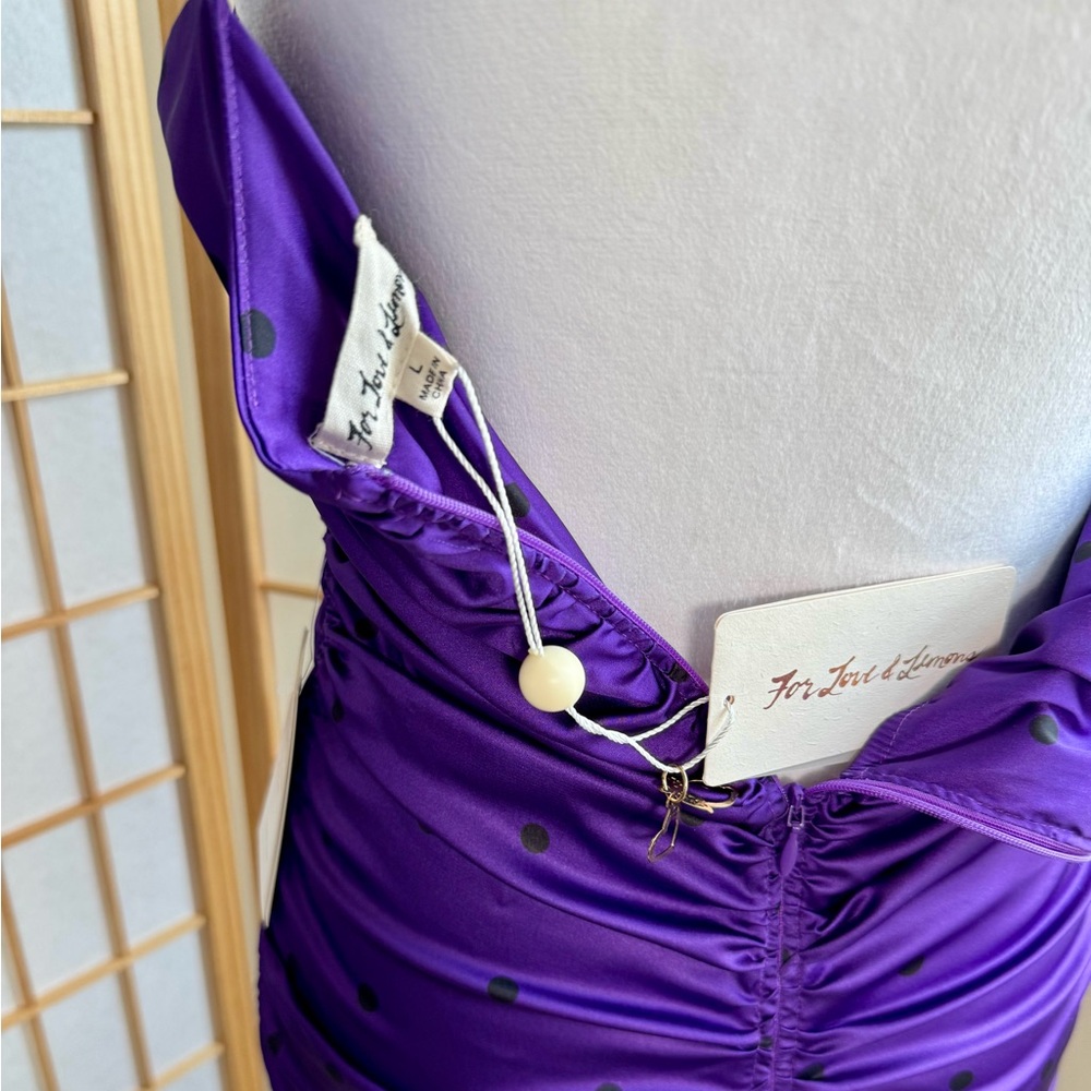 NWT: For Love & Lemons "Paula" Ruched Bodycon Dress, Satin/Royal Purple - Picture 7 of 9